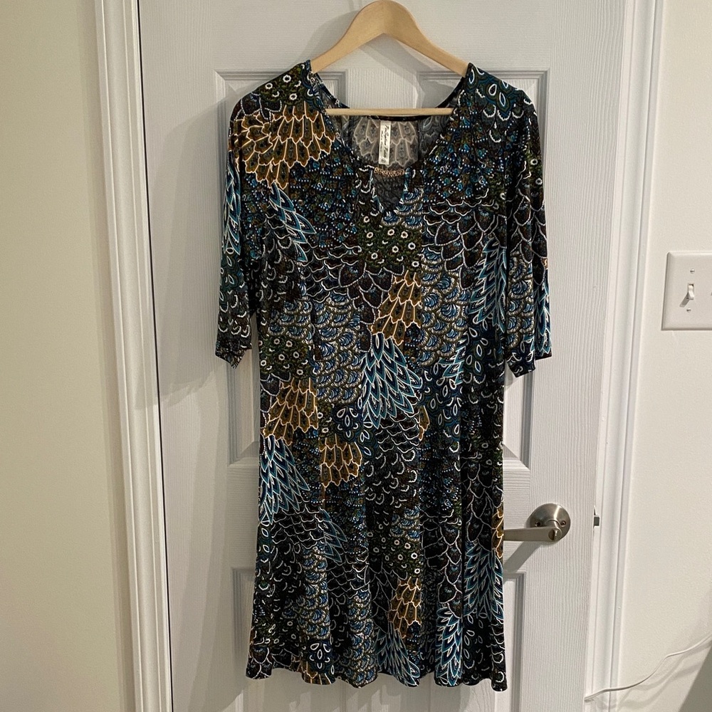 PerSeption Petite Patterned Dress, size XL, Olive/Teal/Brown 3/4 sleeve, flared